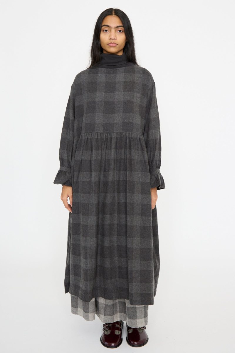 IchiAntiquites BlockCheckFlannelDress Charcoal Oroboro 1