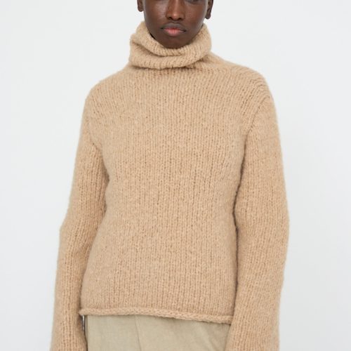 LaurenManoogian HandknitFunnelSweater Camel Oroboro 1