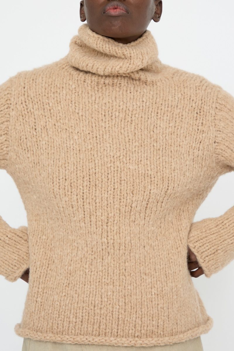 LaurenManoogian HandknitFunnelSweater Camel Oroboro 2