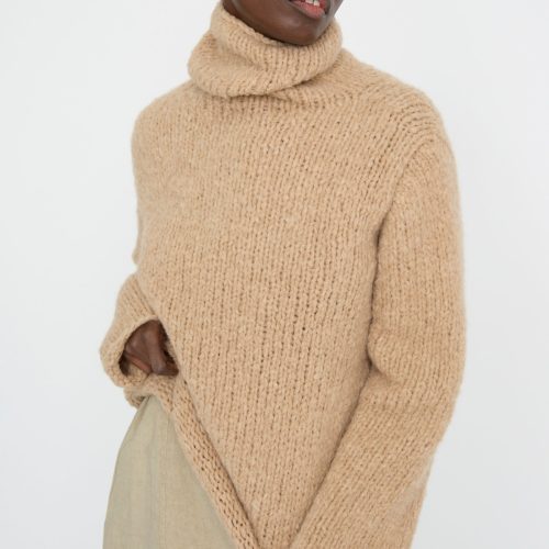 LaurenManoogian HandknitFunnelSweater Camel Oroboro 3