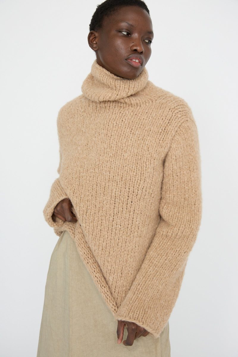 LaurenManoogian HandknitFunnelSweater Camel Oroboro 3