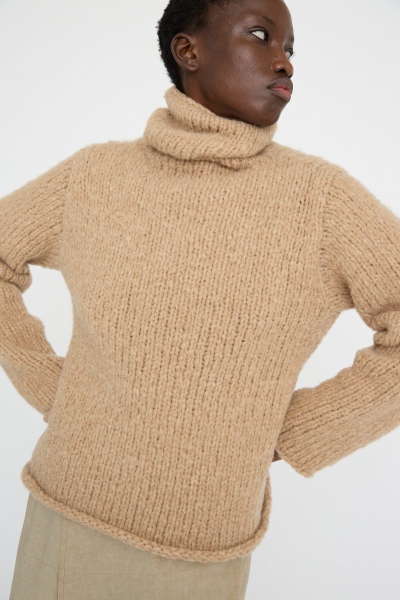 LaurenManoogian HandknitFunnelSweater Camel Oroboro 4