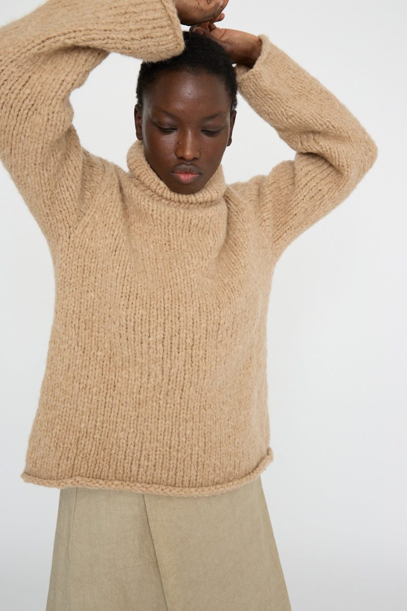 LaurenManoogian HandknitFunnelSweater Camel Oroboro 6