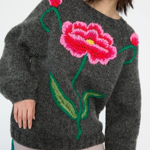 Sofio Gongli Sweater Red Pink Flowers Charcoal Oroboro 2